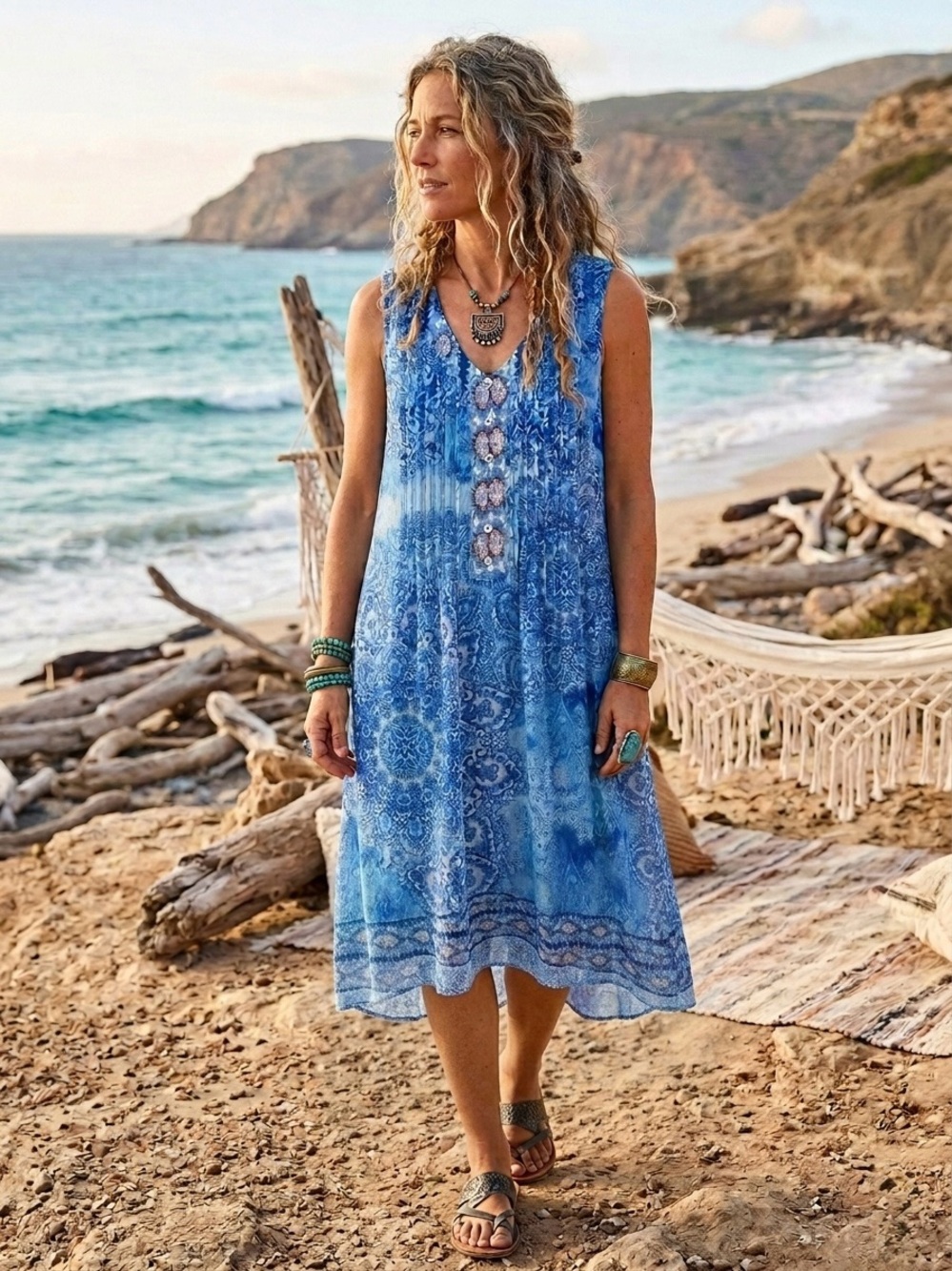 Rabbit Rabbit Rabbit Designs Blue Paisley Shift Dress Size 12 Pleated Summer